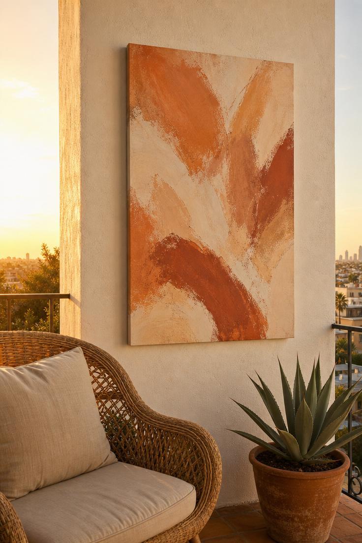 15 Bold Balcony Wall Decor Ideas That Catch the Eye 11 Weatherproof abstract canvas print in terracotta tones on a white balcony wall seen from a seated perspective in golden hour light
