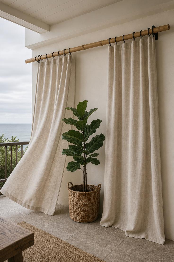 15 Bold Balcony Wall Decor Ideas That Catch the Eye 12 Bamboo curtain rod with oatmeal linen outdoor panels on a covered balcony on an overcast day