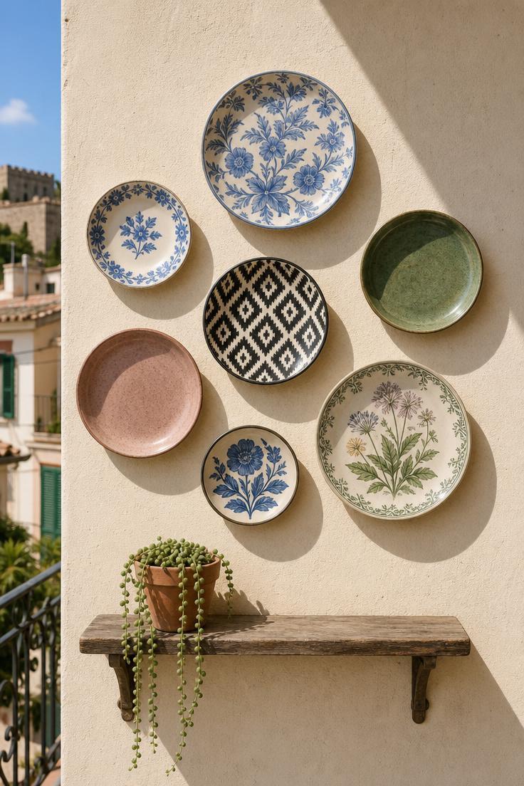 15 Bold Balcony Wall Decor Ideas That Catch the Eye 13 Asymmetric cluster of seven ceramic plates in mixed patterns on a cream balcony wall in bright midday light