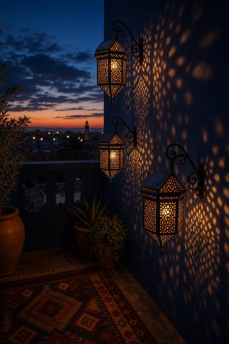 15 Bold Balcony Wall Decor Ideas That Catch the Eye 14 Three solar-powered Moroccan lanterns on wrought iron brackets projecting light patterns on a dark navy balcony wall at dusk