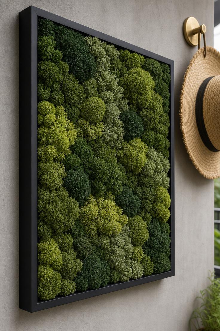 15 Bold Balcony Wall Decor Ideas That Catch the Eye 15 Overhead view of preserved moss art panel in a matte black float frame on a light gray balcony wall