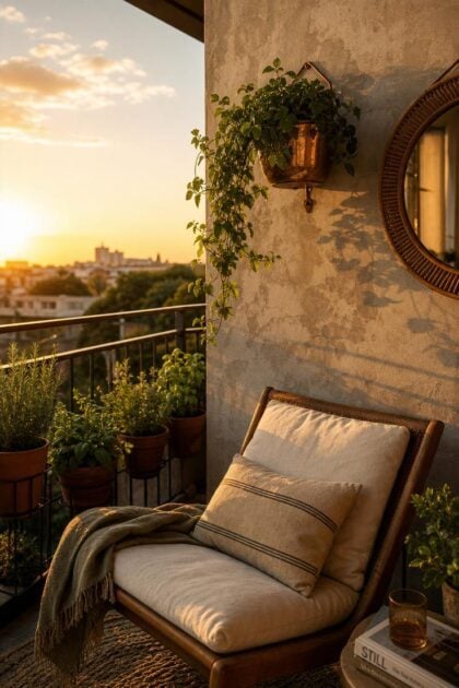 15 Bold Balcony Wall Decor Ideas That Catch the Eye Styled apartment balcony at golden hour showing a decorated wall with limewash finish, copper planter, and rattan mirror