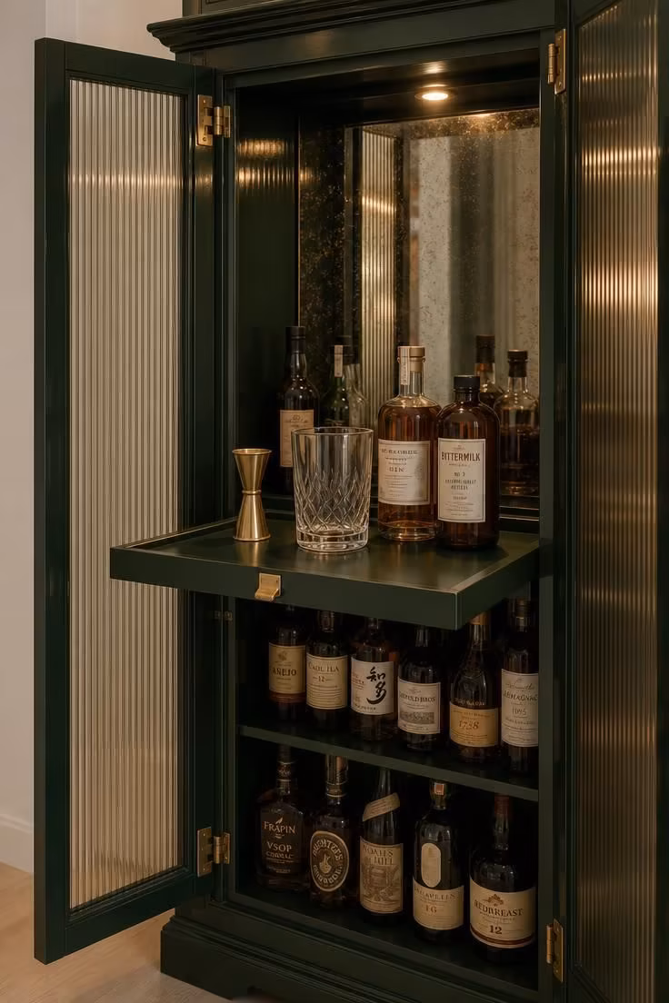11 Cozy Bar Ideas for Home Living Rooms You'll Love 1 Open lacquered armoire with ribbed glass doors, mirrored interior, and pull-out shelf holding bar tools and amber bottles