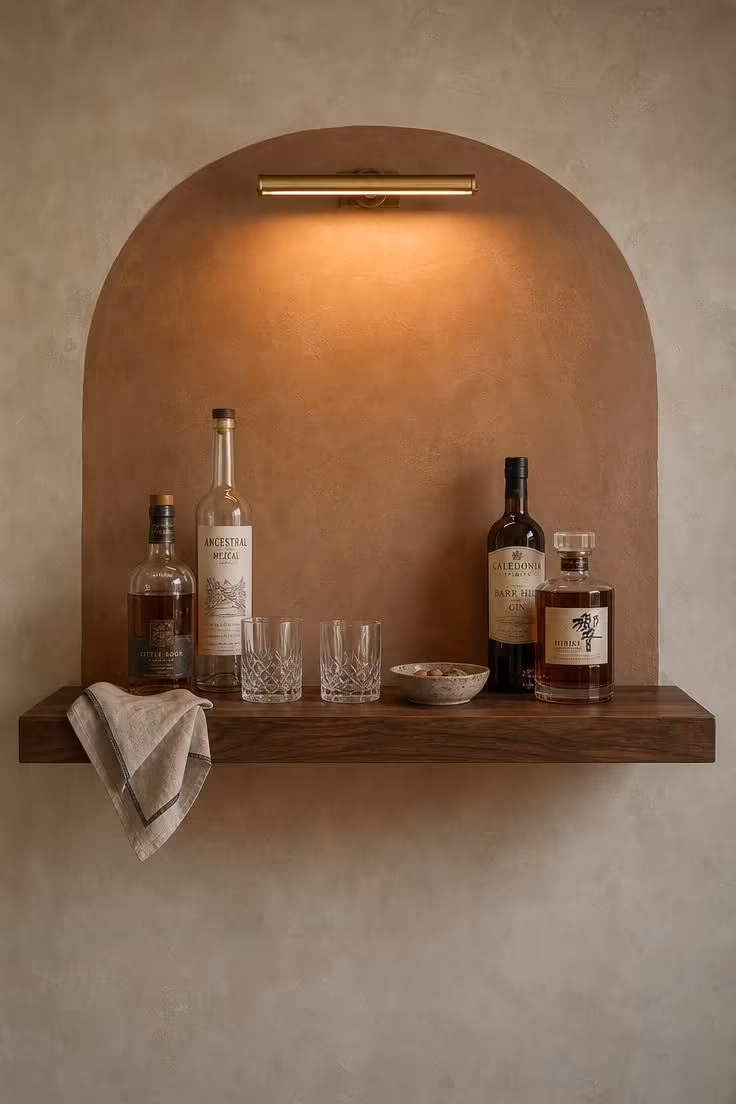 11 Cozy Bar Ideas for Home Living Rooms You'll Love 2 Floating walnut shelf mounted against a painted plaster arch, lit by a narrow brass picture light, holding bottles and lowball glasses