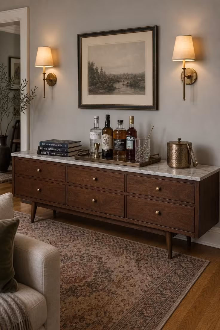 11 Cozy Bar Ideas for Home Living Rooms You'll Love 3 Low mid-century dresser with honed marble top used as a bar, flanked by brass sconces above
