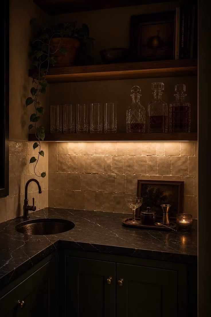 11 Cozy Bar Ideas for Home Living Rooms You'll Love 4 Corner built-in bar with soapstone counter, small round sink, and ivory zellige tile backsplash under warm light