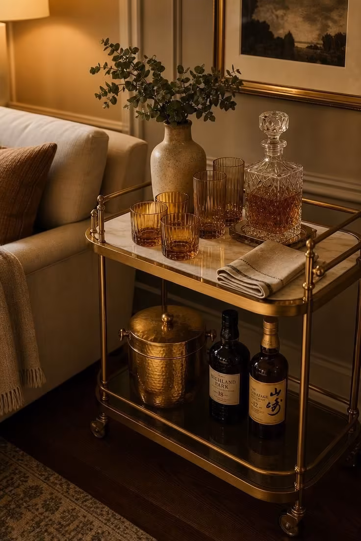 11 Cozy Bar Ideas for Home Living Rooms You'll Love 6 Brass and glass bar cart with marble top holding amber glassware, a decanter, and an ice bucket beside a linen sofa