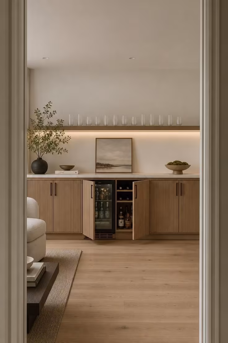11 Cozy Bar Ideas for Home Living Rooms You'll Love 7 Long built-in dry bar with fluted oak doors, integrated beverage refrigerator, and lit upper shelf of glassware