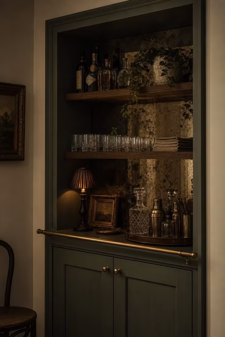 11 Cozy Bar Ideas for Home Living Rooms You'll Love 8 Painted alcove bar in deep green with antique mirror backsplash, brass rail, and wood shelves holding glassware