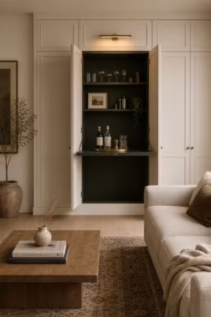 Living room with paneled wall opened to reveal a hidden bar interior in deep green, lit by a brass picture light, beside a linen sofa and oak coffee table