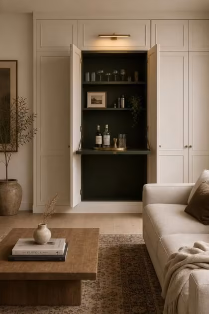 11 Cozy Bar Ideas for Home Living Rooms You'll Love Living room with paneled wall opened to reveal a hidden bar interior in deep green, lit by a brass picture light, beside a linen sofa and oak coffee table