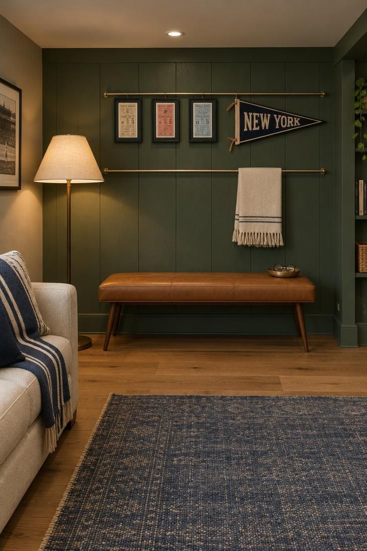 A basement wall painted deep field green with two brass display rails holding framed ticket stubs and a pennant, a tan leather bench below, a cream sofa with navy throw to one side, and a floor lamp casting warm light.