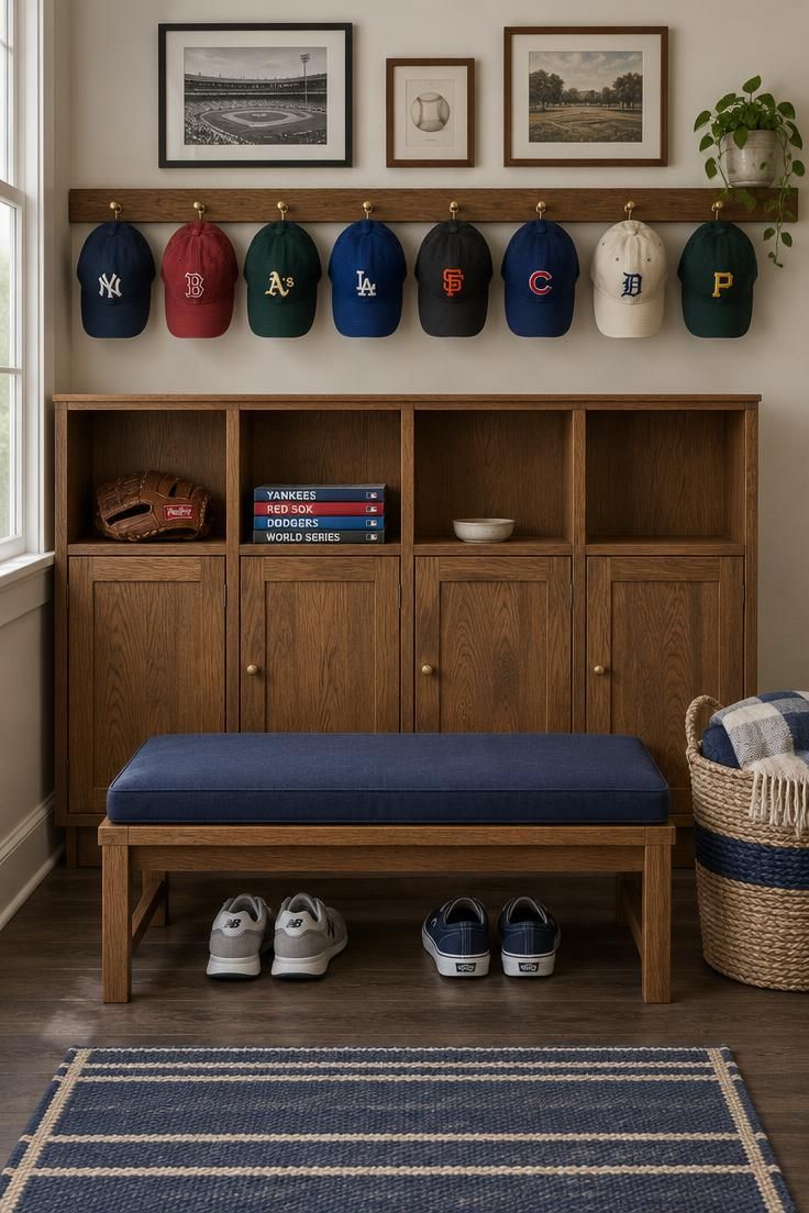 A den wall with four stained oak cubbies, two open and two closed, a cap display rail above holding eight caps, and a wood bench with a navy cushion in front on a dark laminate floor.