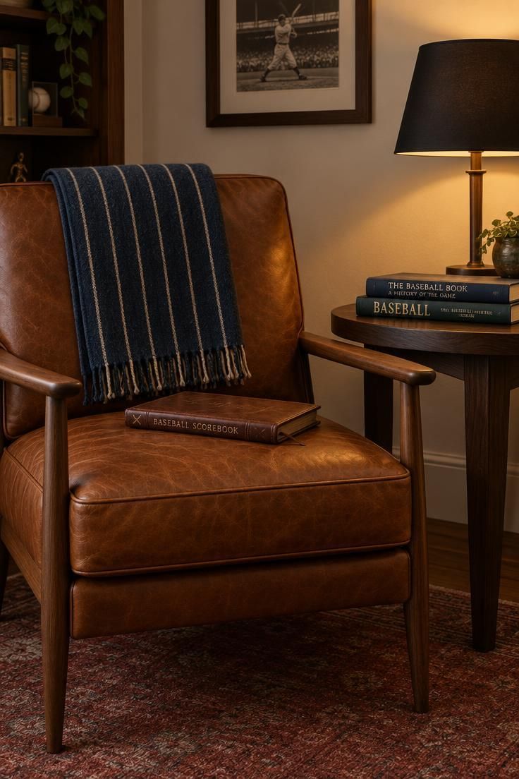 A cognac leather armchair with walnut armrests beside a dark walnut side table holding a lamp and two books, with a pinstripe throw over the back and a faded brick red wool rug beneath.