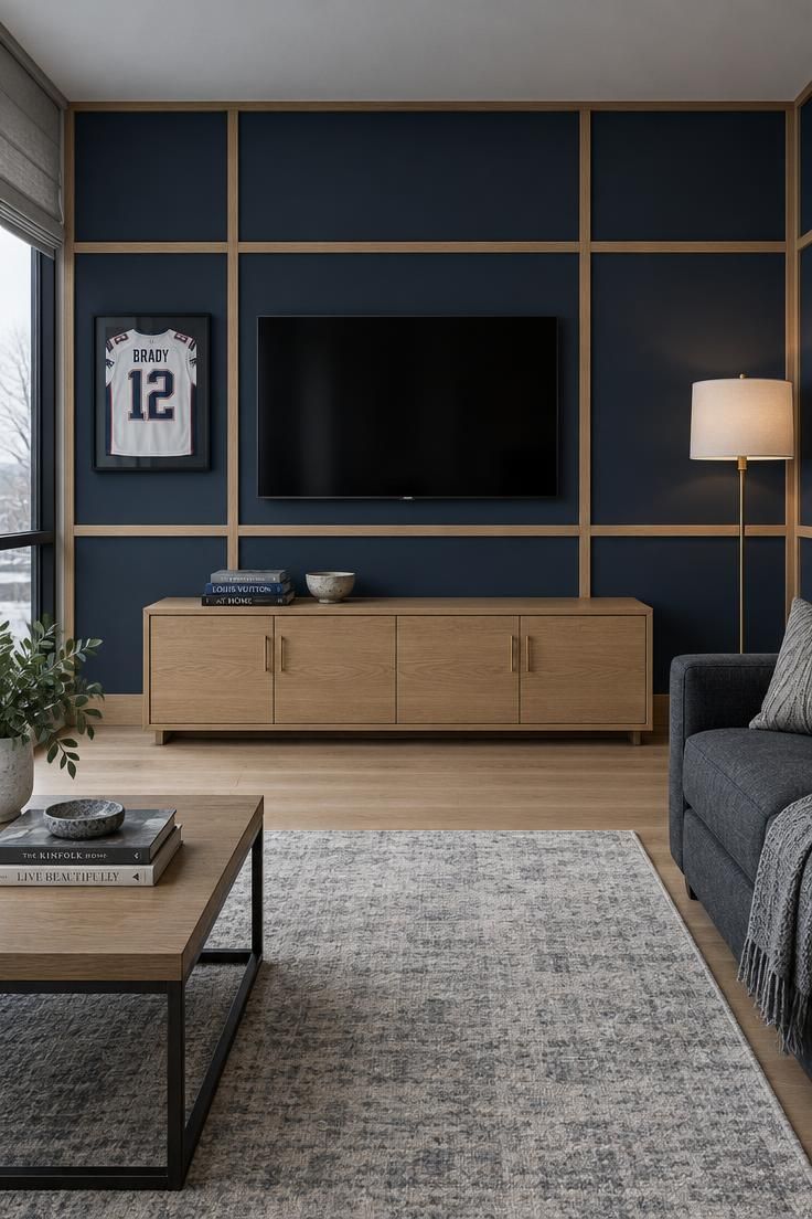 A navy media wall with white oak battens in a grid, a flat screen at center, a low white oak console below, and a framed jersey to the left on a light oak floor.