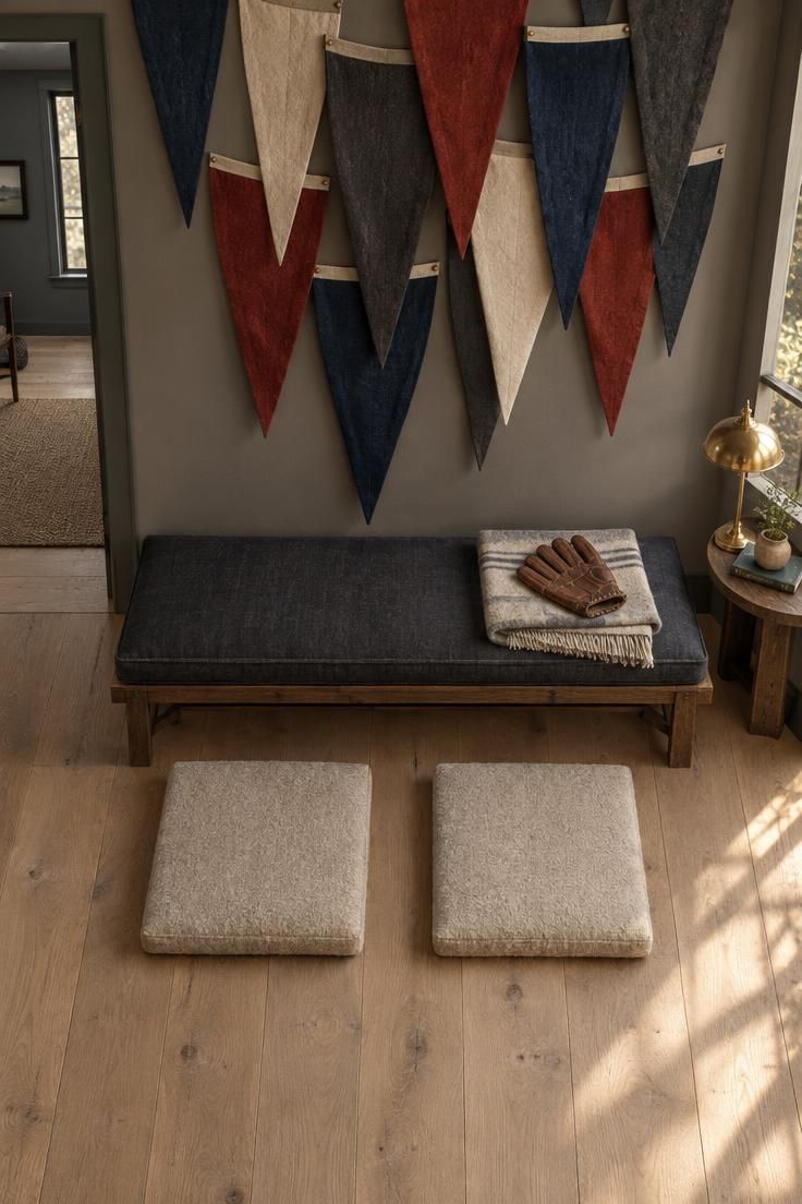 An overhead view of a long canvas-cushioned bench below a wall of overlapping navy, cream, brick red, and charcoal pennants, with two felt floor cushions on a pale wood floor.