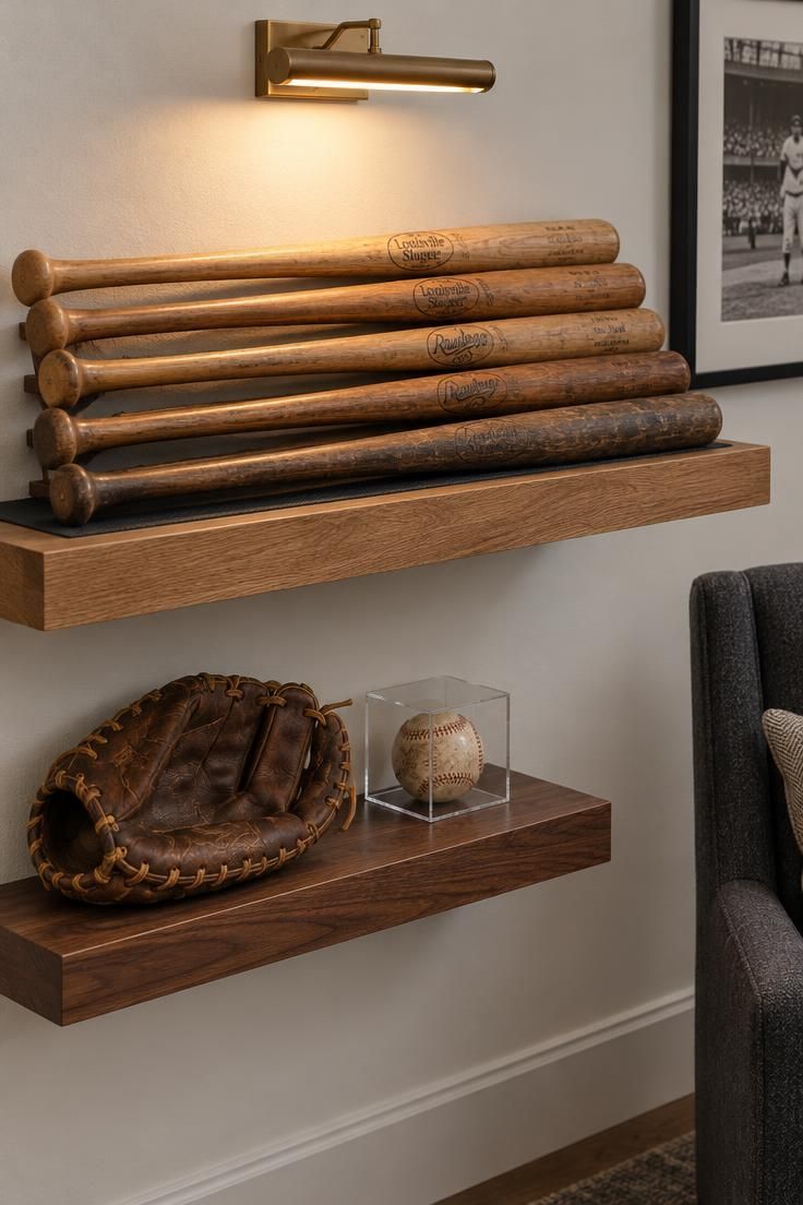A long oak floating shelf holding five wooden bats above a shorter walnut shelf with a single worn leather glove and a baseball in an acrylic cube, lit by a small brass picture light.