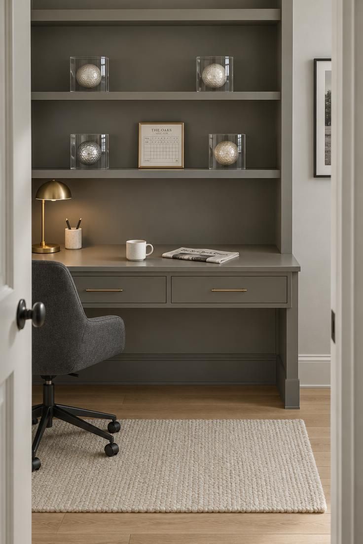 A warm gray built-in desk wall with two closed drawers below and two open shelves above holding four acrylic ball cubes and a framed scorecard, with a brass desk lamp at the left.