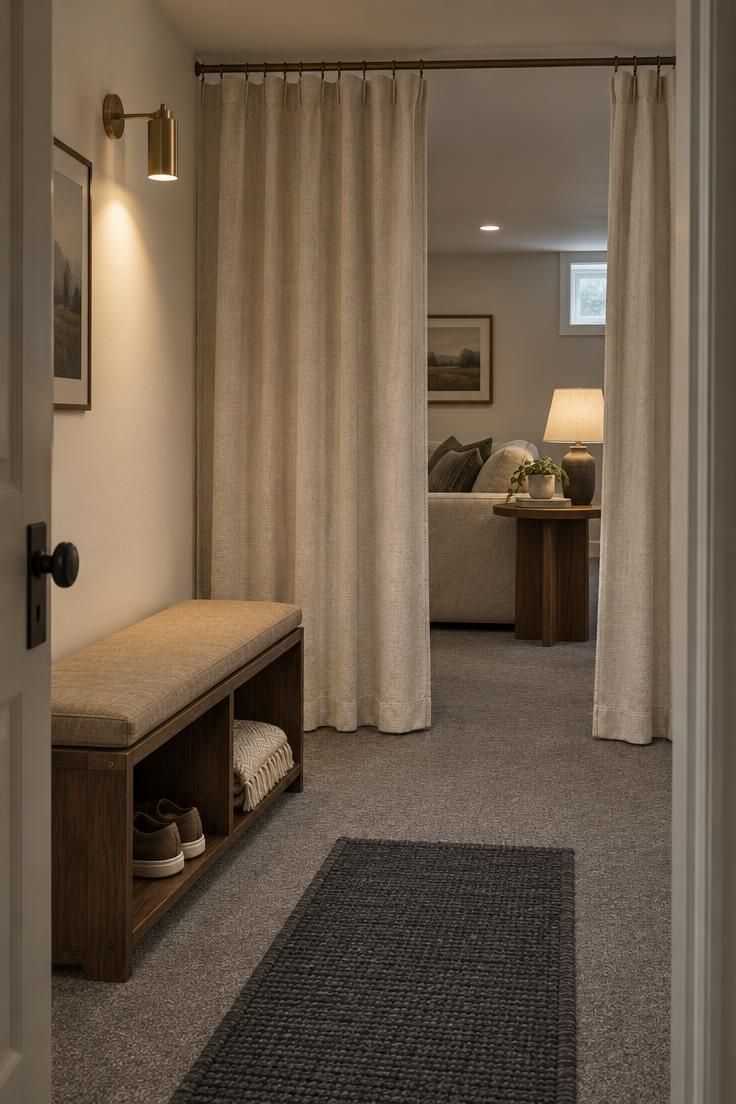 A long basement room divided by ceiling-mounted natural canvas curtains, with a low tan-cushioned locker bench and two open cubbies on the near side and a sofa visible through the gap.