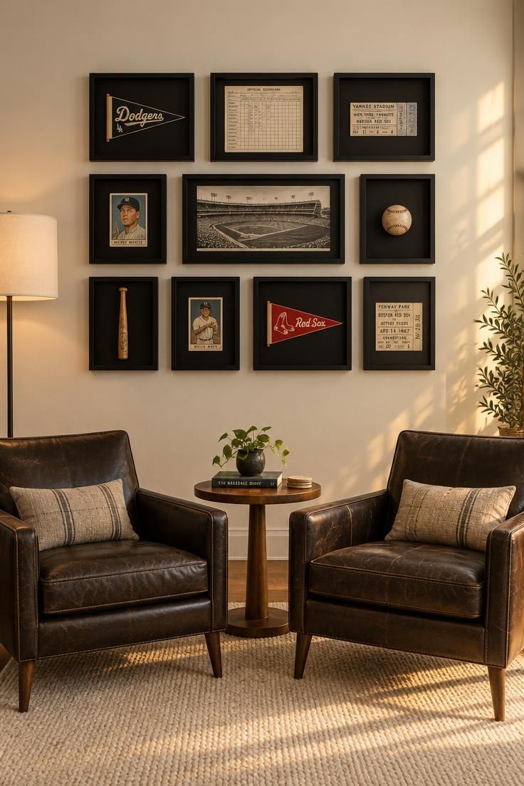 A gallery wall of flat black shadow boxes in a three-by-four grid holding baseball objects, with two stitched dark leather accent chairs and a small round walnut table below.