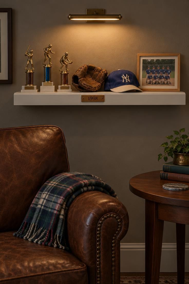 A chalk-white floating shelf holding three small trophies, a child-sized glove, a blue and white cap, and a framed team photo, with a wooden nameplate below and a leather club chair at the edge of the frame.