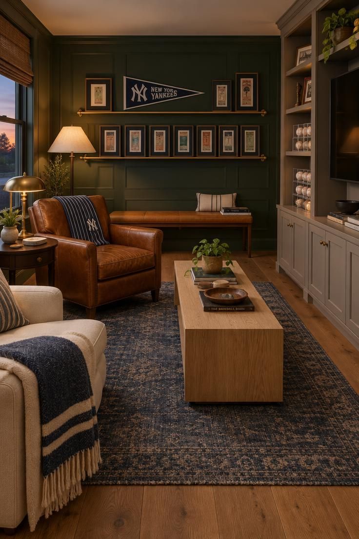 Simple Spaces 22 A warm residential baseball man cave with a deep green wall, brass display rails, a tan leather bench, a cognac armchair, a white oak media console, and a built-in with acrylic ball cubes, lit by warm lamps at dusk.