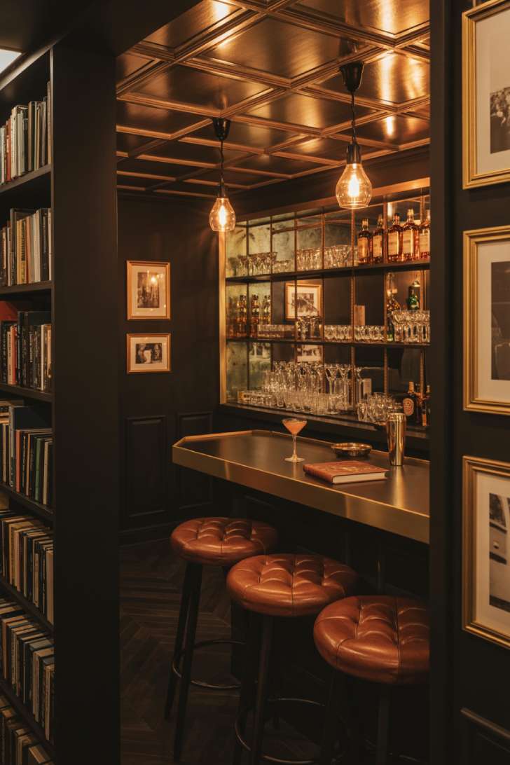 A hidden bookshelf door swings open to reveal a moody speakeasy basement bar with dark wood, leather stools, and tin ceiling tiles