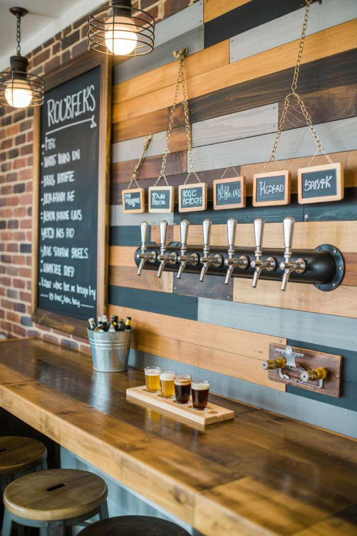 A craft beer basement bar with a reclaimed wood tap wall, chalkboard menu, wooden flight board, and industrial cage pendant lights