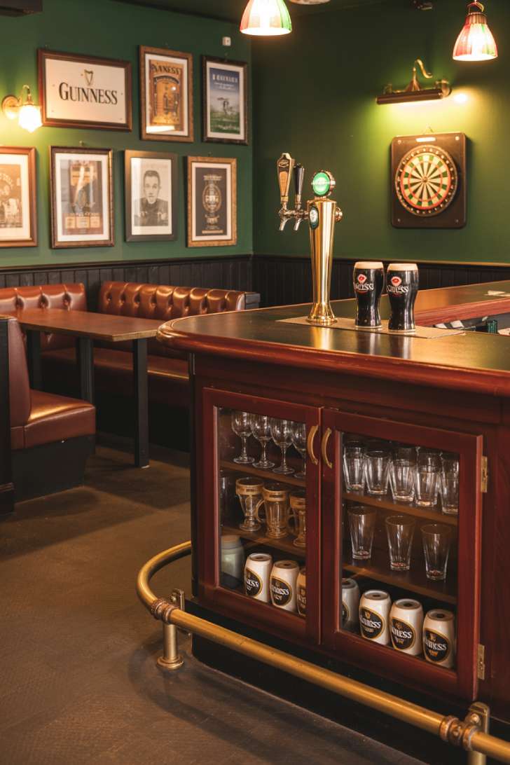 A basement Irish pub with mahogany bar, brass taps, hunter green walls, leather booth seating, vintage advertising prints, and a dartboard
