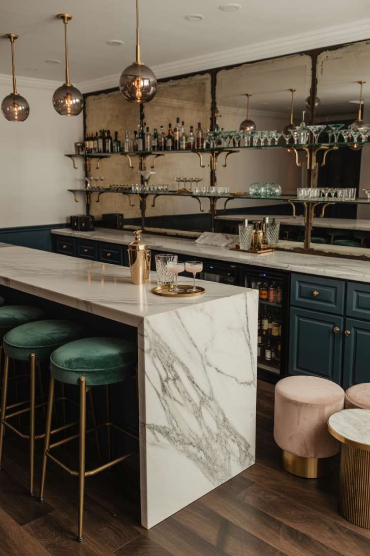 A glamorous cocktail lounge bar with Carrara marble waterfall counter, antiqued mirror back bar, brass fixtures, and emerald velvet stools