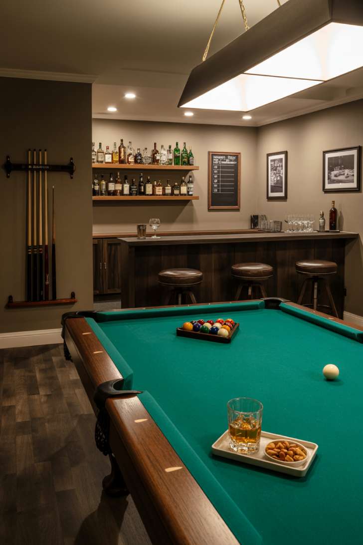A basement with a green-felt pool table under a long pendant light and a dark butcher block bar in the background with floating spirit shelves