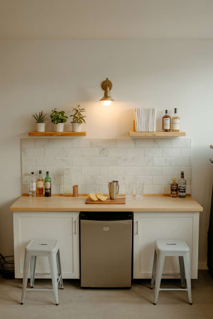 A budget-friendly DIY dry bar with white stock cabinets, butcher block counter, peel-and-stick marble backsplash, and a compact mini fridge