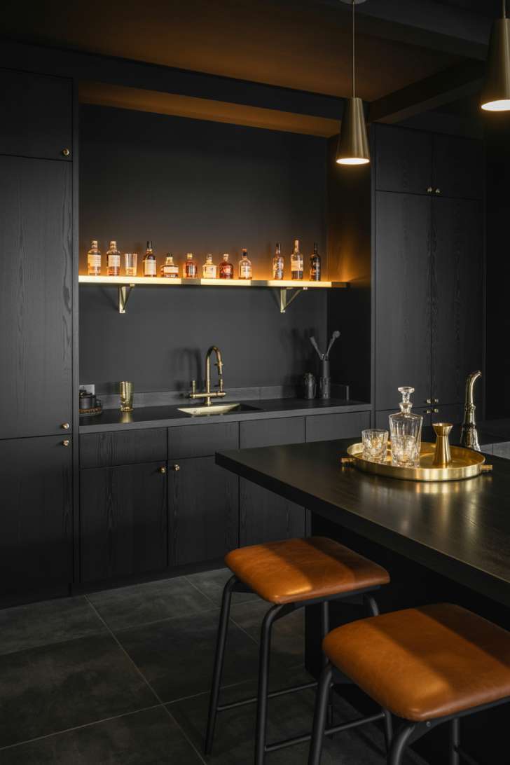 A dramatic matte black basement bar with brass fixtures, backlit floating shelves, cognac leather stools, and dark porcelain tile flooring