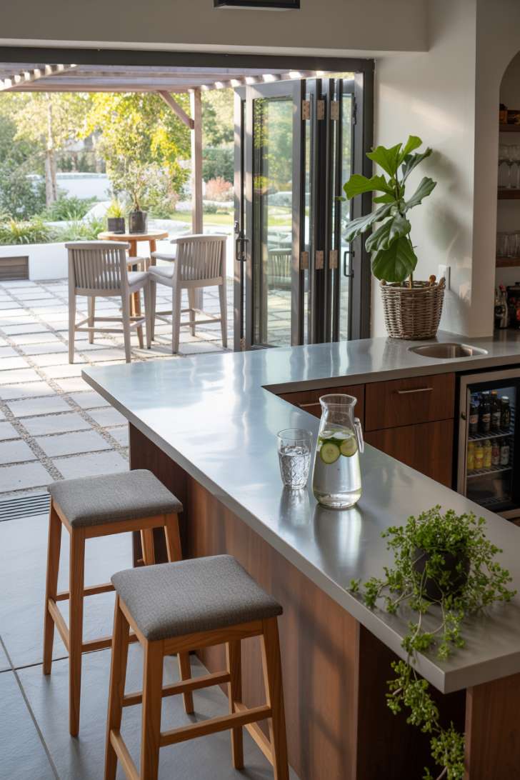 A walkout basement bar extending from an interior concrete counter through open glass doors to a sunlit patio with teak stools and a pergola