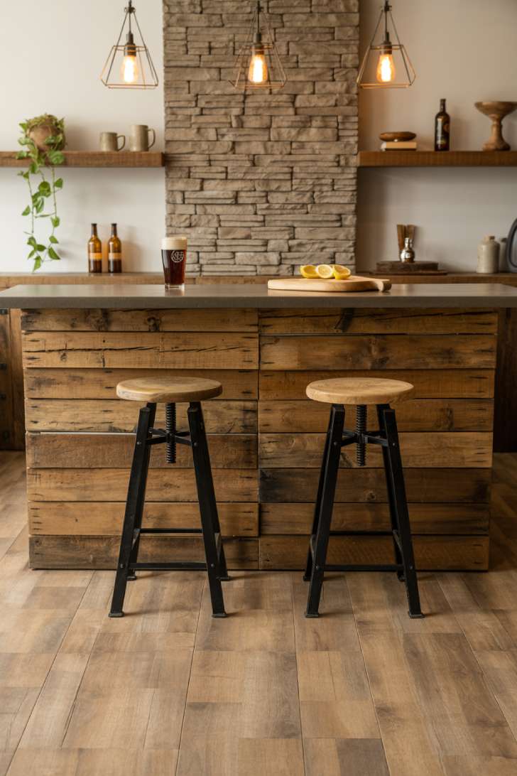 A rustic basement bar made from reclaimed barnwood planks with a stacked stone wall, iron pendants, and warm golden lighting