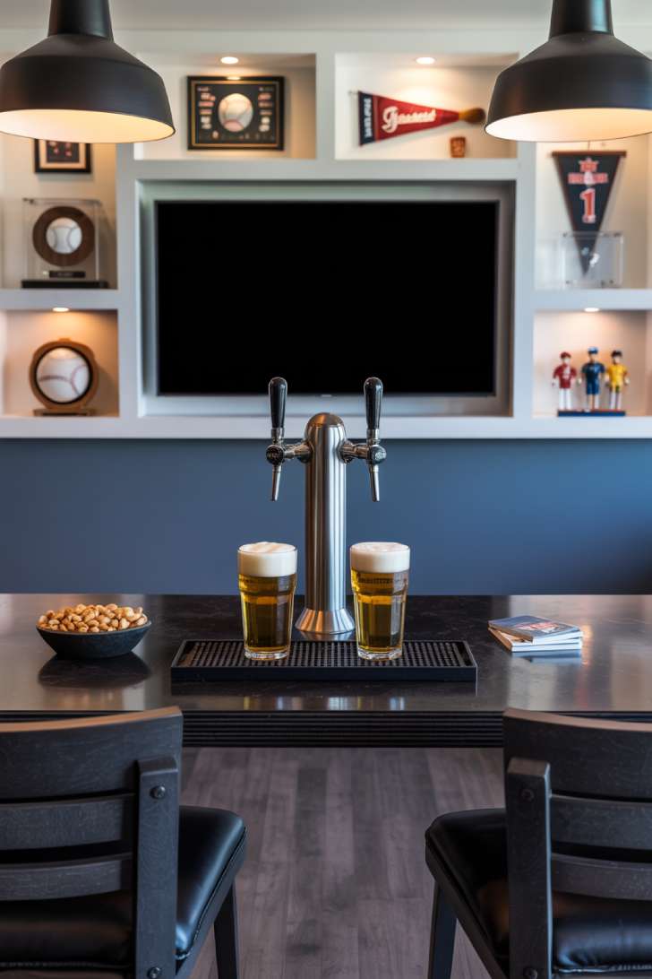 A basement sports pub with a large mounted TV, dual-tap kegerator, team memorabilia shelves, and dark leather bar stools
