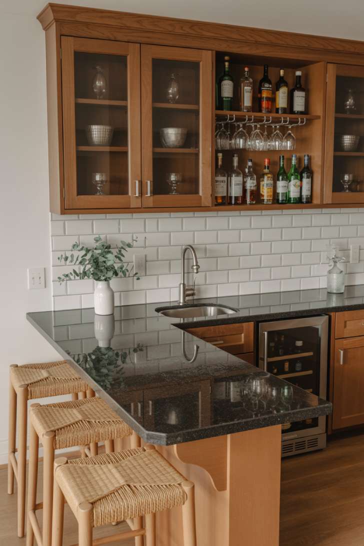 A classic L-shaped wet bar with polished granite countertop, white subway tile backsplash, oak shaker cabinets, and a built-in beverage fridge