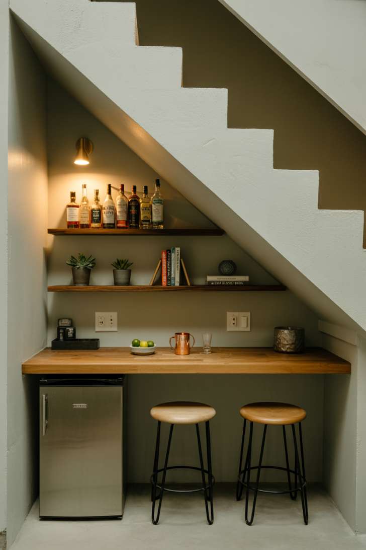 A compact under-the-stairs basement bar with a floating butcher block counter, angled floating shelves, and a warm brass wall sconce