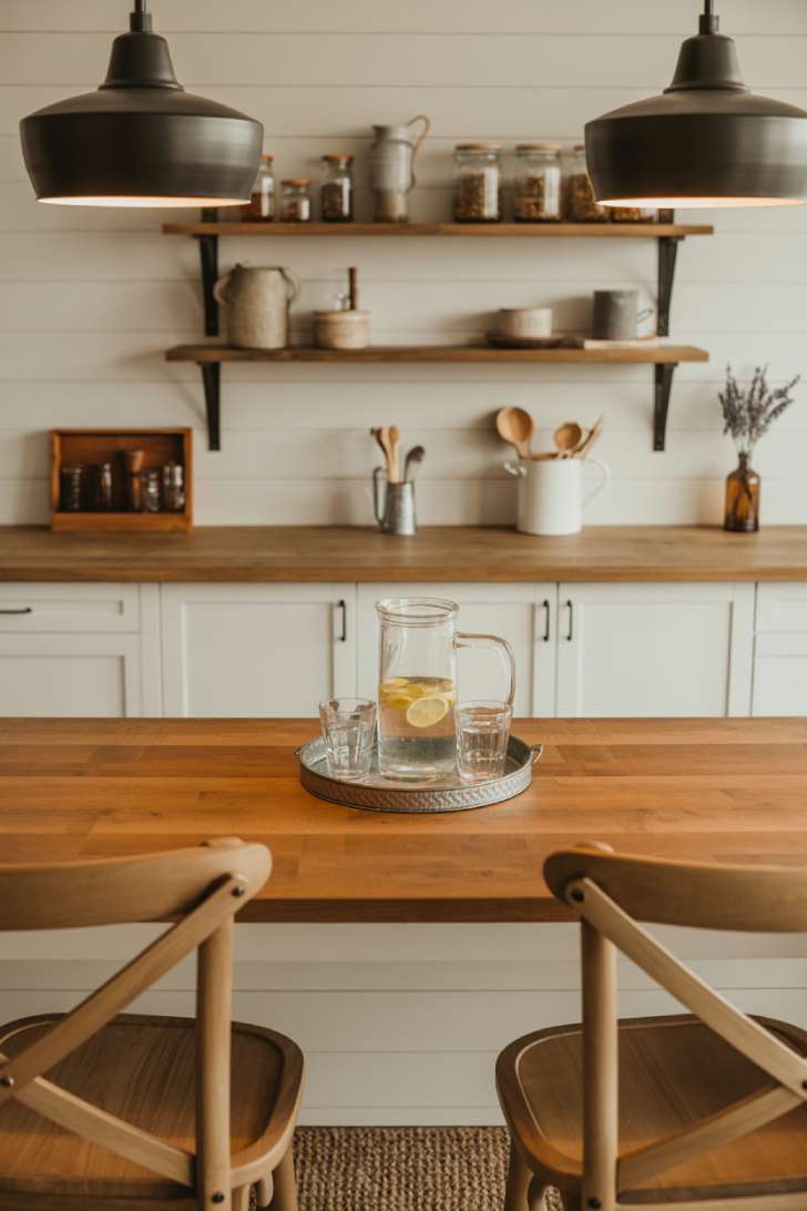 A farmhouse-style basement bar with butcher block countertop, white shiplap walls, open wood shelving, and matte black dome pendants