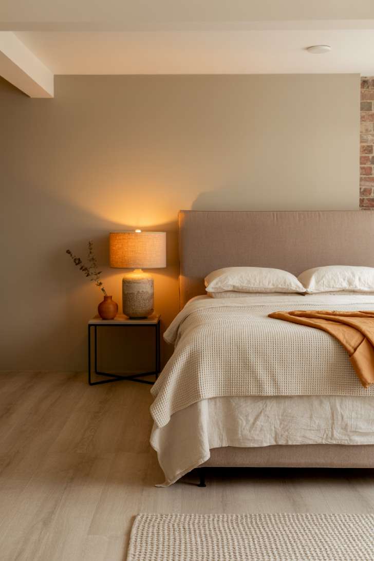 Basement bedroom with taupe upholstered headboard, layered white and cognac bedding, and warm ambient lighting