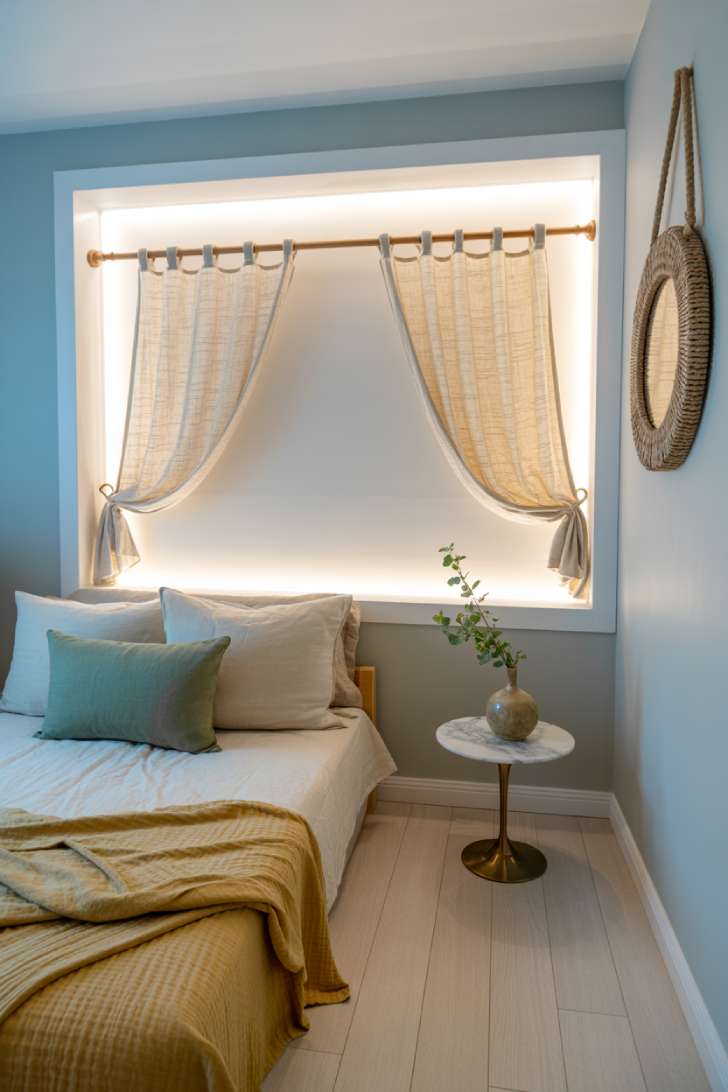 Basement bedroom with LED backlit faux window panel, sheer linen curtains, and soft blue-gray walls reflecting artificial daylight