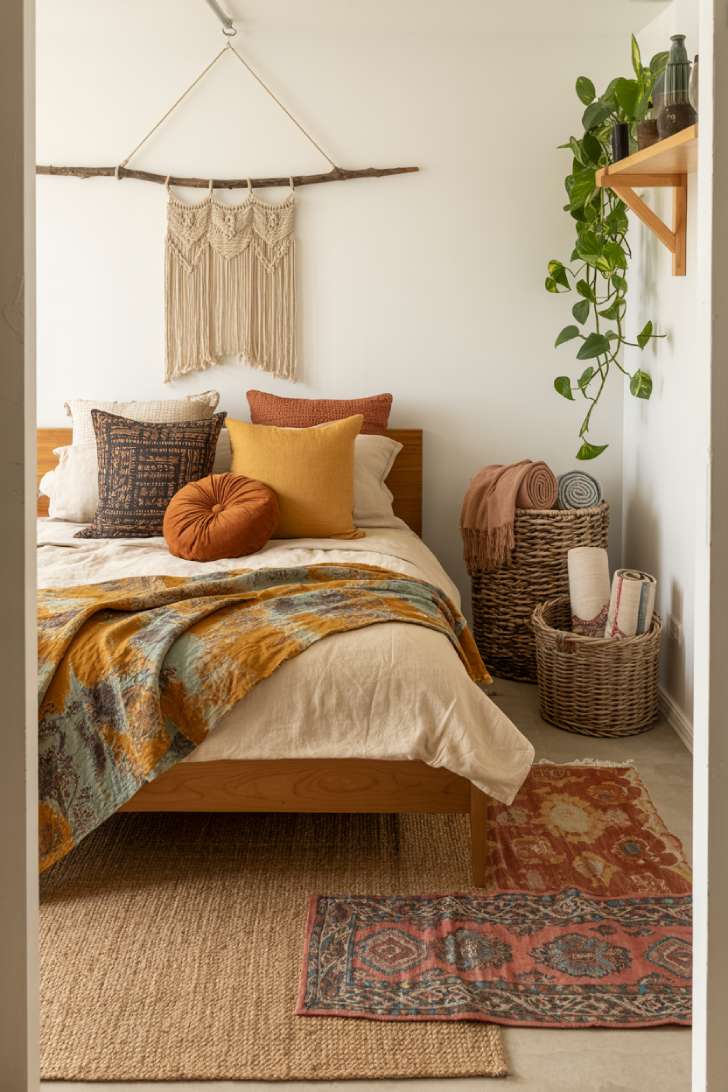 Bohemian basement bedroom with layered rugs, macramé wall hanging, mixed-pattern pillows, and trailing pothos plant