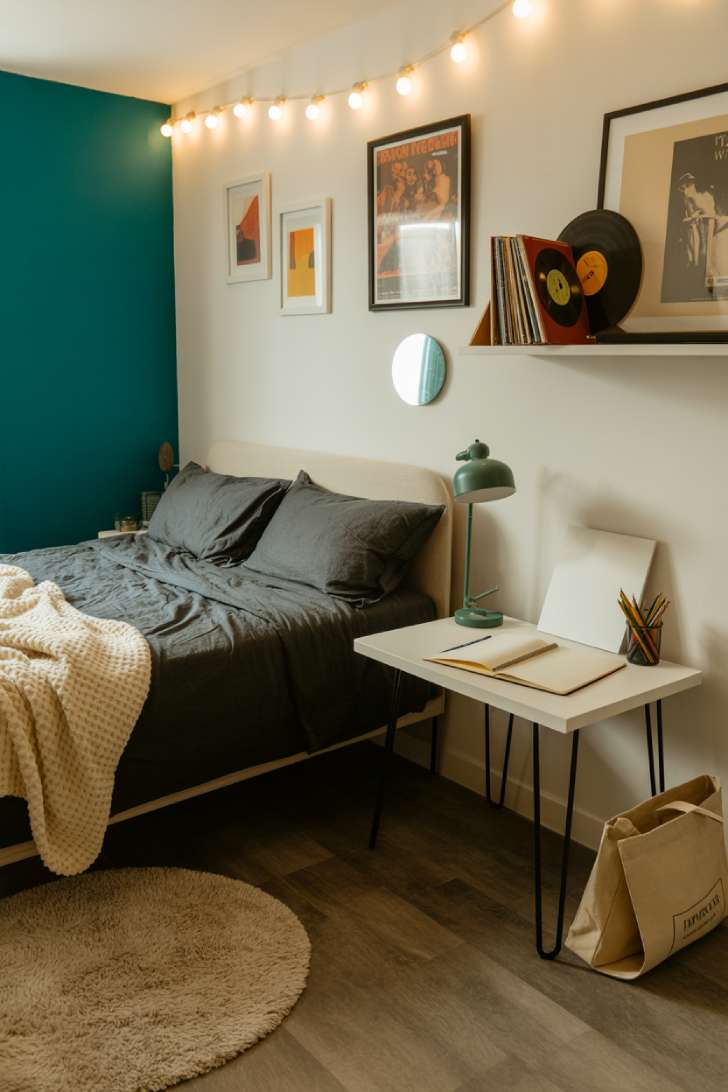 Teen basement bedroom with deep teal accent wall, curated gallery wall, black metal bed frame, and creative desk corner