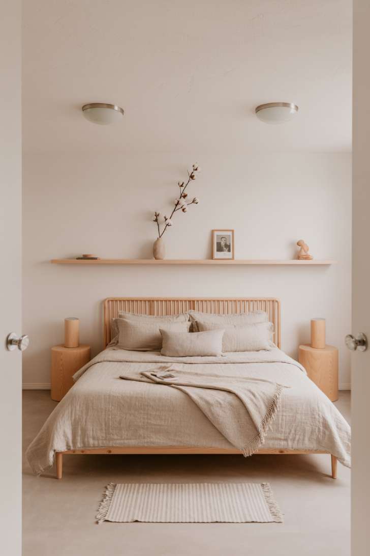 Scandinavian basement bedroom with birch plywood bed frame, stonewashed white linen, floating shelves, and frosted glass lamps