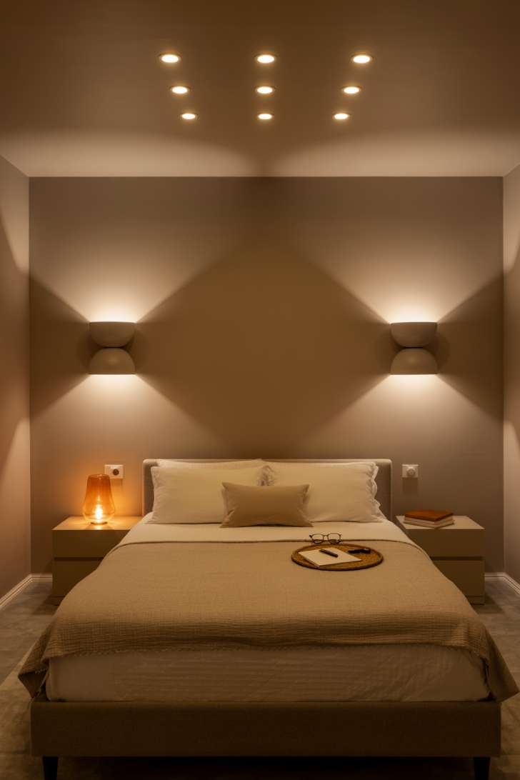 Basement bedroom showcasing three layers of warm lighting — recessed ceiling LEDs, ceramic wall sconces, and an amber glass table lamp
