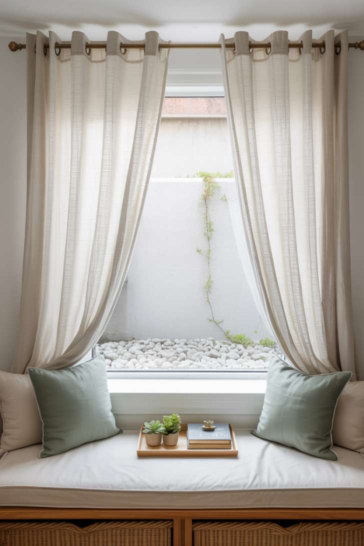 Egress window bedroom styled with floor-length white curtains, built-in cushioned window seat, and decorative window well with river stones