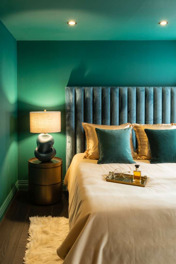 Jewel-toned basement bedroom with emerald green walls, sapphire blue tufted velvet headboard, gold accents, and cream silk bedding