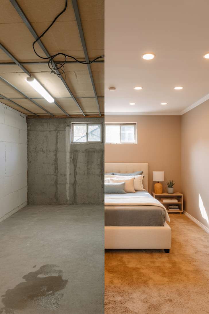 Before-and-after basement bedroom transformation showing raw concrete space converted to a warm, finished bedroom with honey vinyl floors and soft blue bedding