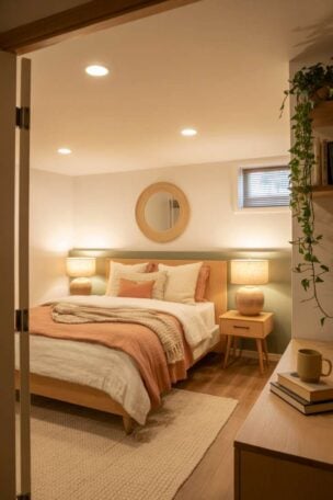 Warm, inviting finished basement bedroom with sage green accent wall, natural wood bed frame, layered cream and terracotta bedding, and soft mixed lighting
