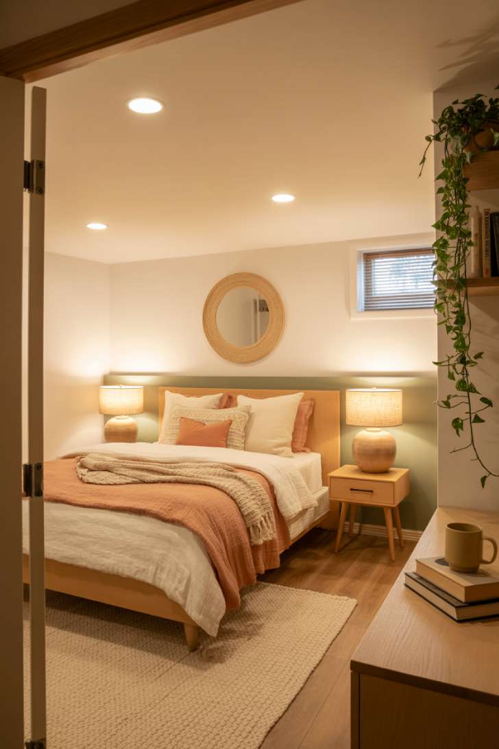 Warm, inviting finished basement bedroom with sage green accent wall, natural wood bed frame, layered cream and terracotta bedding, and soft mixed lighting